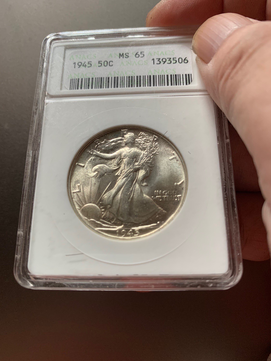 1945年美国行走女神半美元银币绝版经典小白盒ANACS-MS65