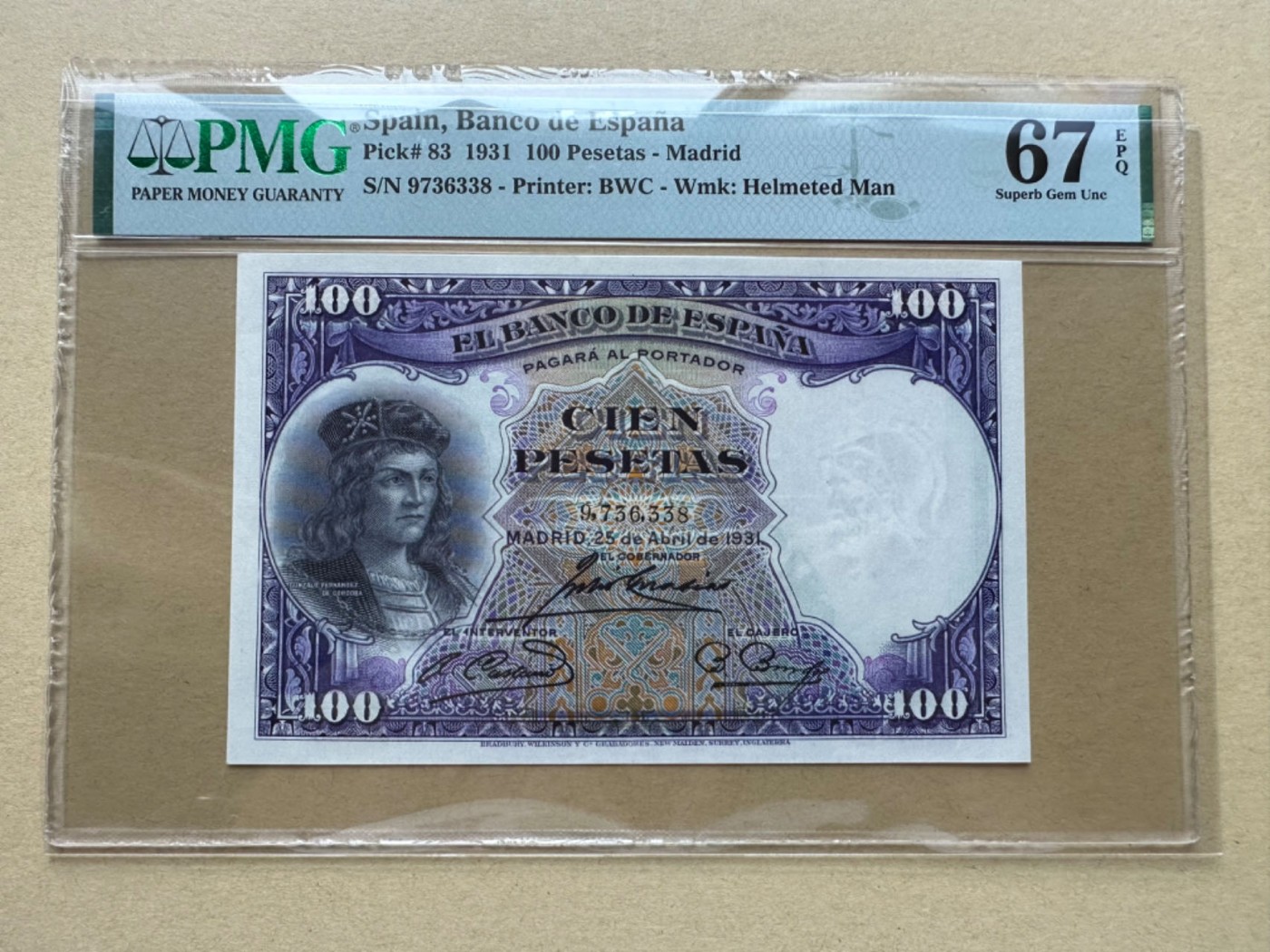 收藏联盟Quantum Auction 第272期拍卖 世界人口日专场 西班牙1931年100比塞塔 PMG67 名将贡萨洛 号码无4