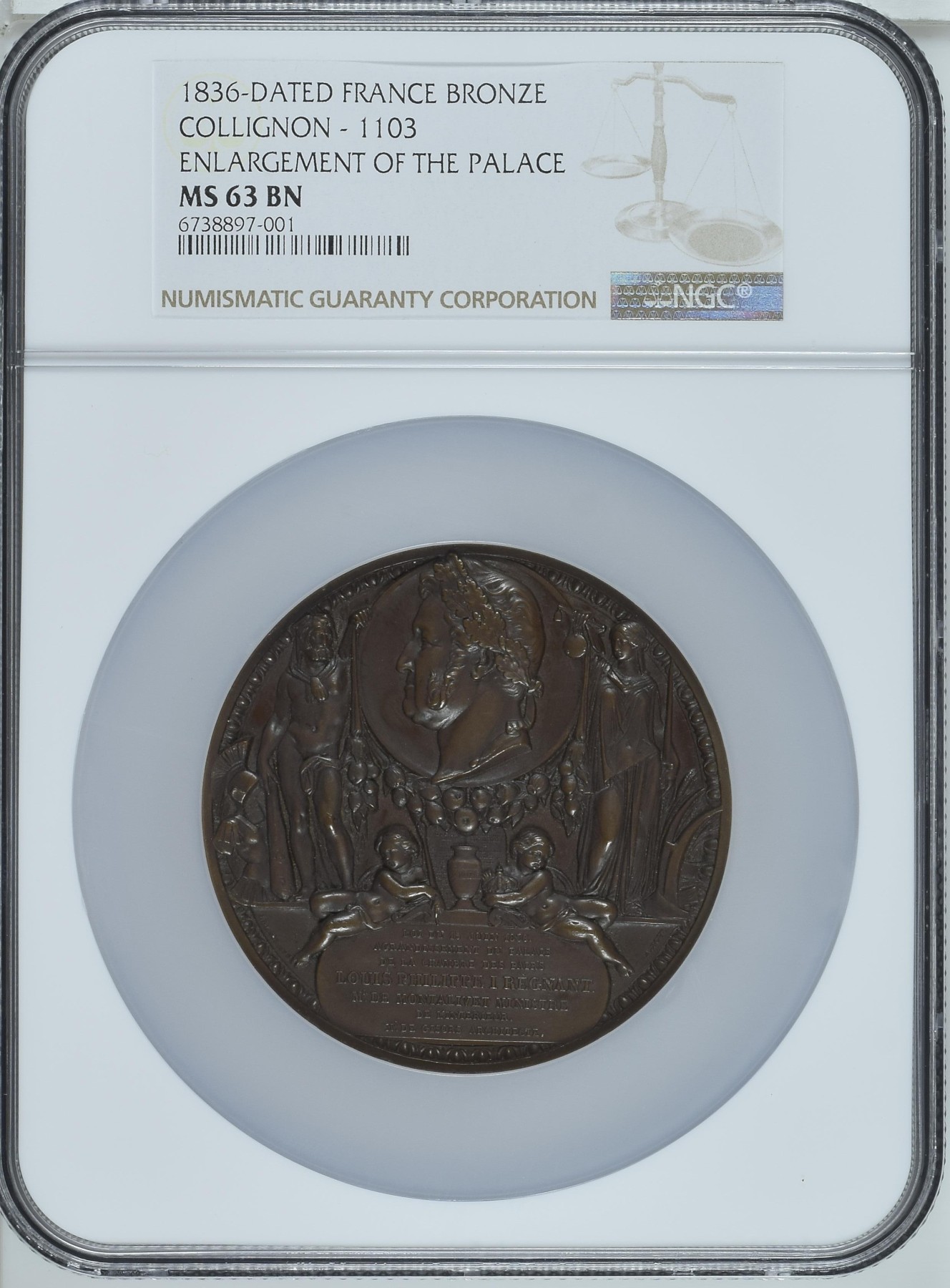 章牌专场-第26期 A. Bovy～1836年法国贵族院扩建纪念大铜章 直径：68 mm