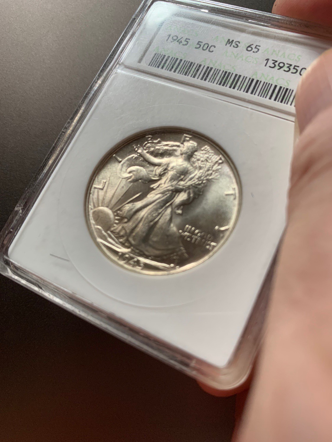 1945年美国行走女神半美元银币绝版经典小白盒ANACS-MS65