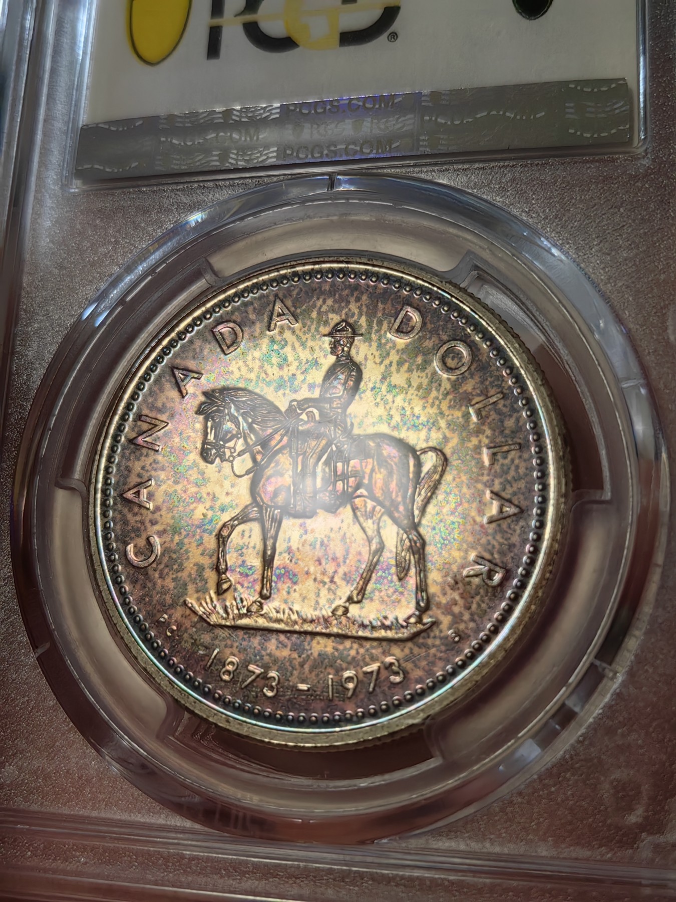 橡树集藏-006场 海纳百川 pcgs-sp67 1973年加拿大伊丽莎白银样币 骑警百年纪念银币 背面彩虹炫彩