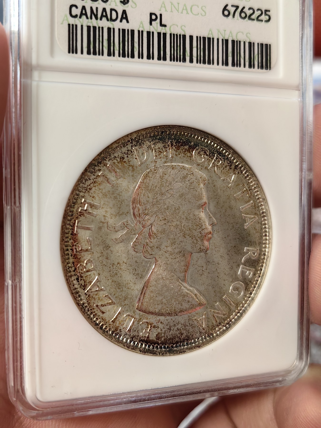 橡树集藏-006场 海纳百川 anacs-Ms65pl 1960年加拿大划船大银币 桂冠伊伊少女头像 镜面感强烈 绝版可爱小白盒 视觉效果极佳 盈掌可握 不可多得的欣赏佳品