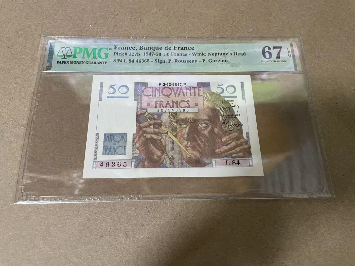 【Blue Auction】✨世界纸币精拍第342期【精】 法国 1947-50年50法郎 海王 PMG67EPQ 高分