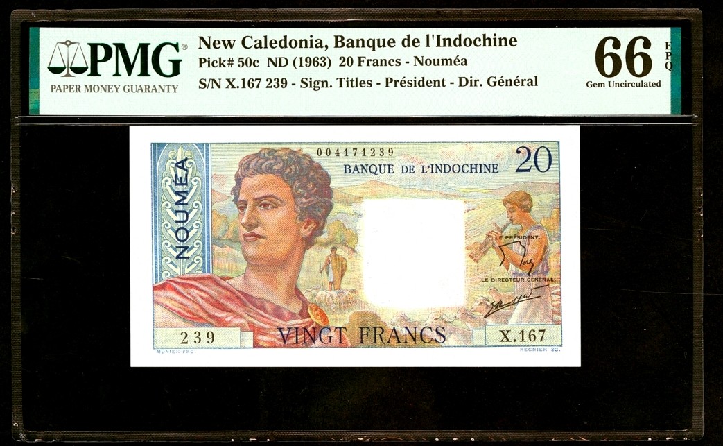 【Blue Auction】✨世界纸币精拍第342期【精】 【无47】新喀里多尼亚 1963年20法郎 加盖努美阿 PMG66EPQ 