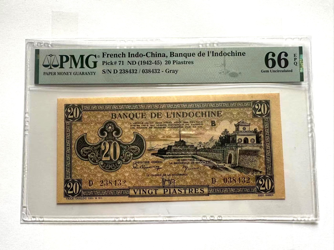 【Blue Auction】✨世界纸币精拍第342期【精】 【仅1张更高分 升值品种】法属印支 东方汇理银行 1942-45年20皮 PMG66EPQ 佛像