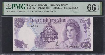 草稿银行第七期国内外钞票硬币拍卖 - 开曼群岛1974年40元 奇特面值 女王钞 号码全程无347 PMG 66 季军分