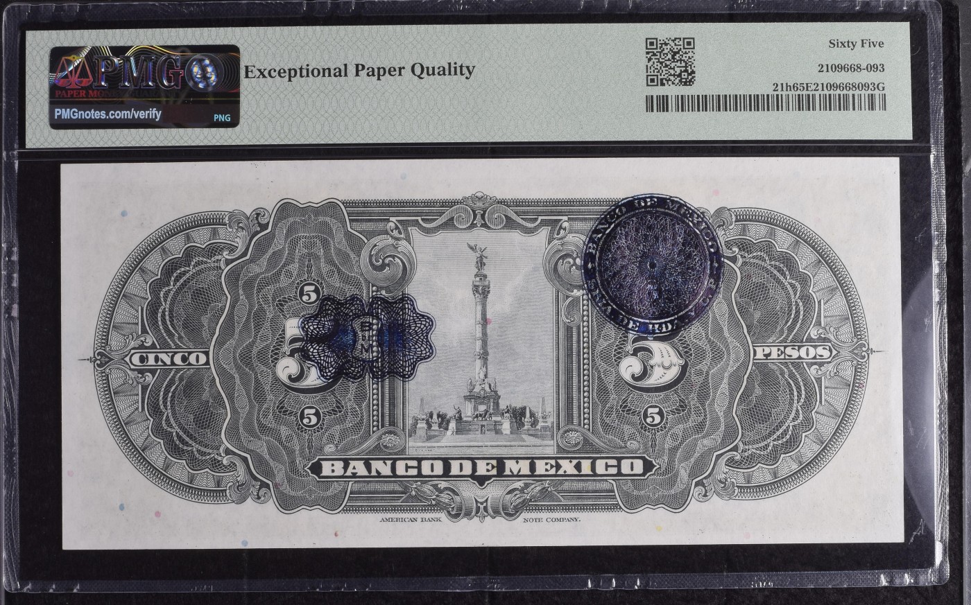 收藏联盟Quantum Auction 第272期拍卖 世界人口日专场 墨西哥(1925-34)年5比索 PMG65 早期大票幅 少见 ABNC代印