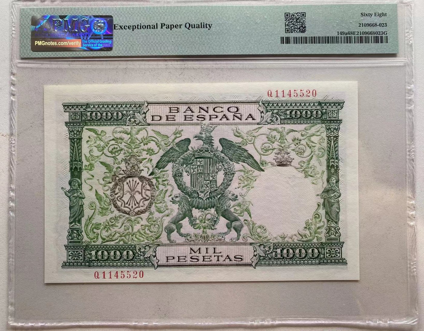 【Blue Auction】✨世界纸币精拍第342期【精】 【520尾象征双王爱情 冠军分】西班牙 1957年1000比塞塔 非常精美 PMG68EPQ 超高分