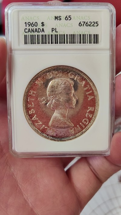 橡树集藏-006场 海纳百川 anacs-Ms65pl 1960年加拿大划船大银币 桂冠伊伊少女头像 镜面感强烈 绝版可爱小白盒 视觉效果极佳 盈掌可握 不可多得的欣赏佳品
