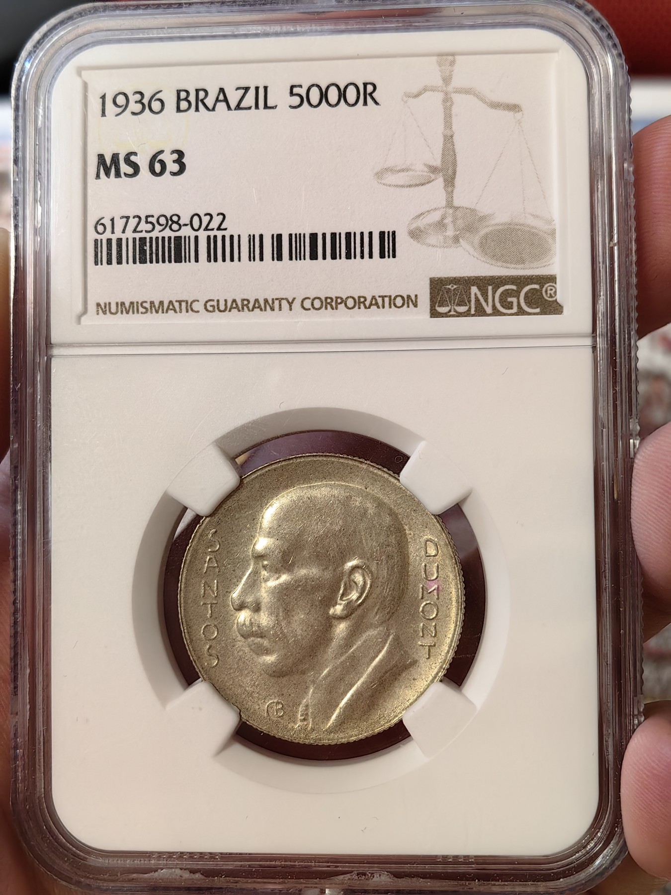 橡树集藏-006场 海纳百川 ngc-MS63 1936年巴西5000瑞尔银币 背面精致漂亮的小银币