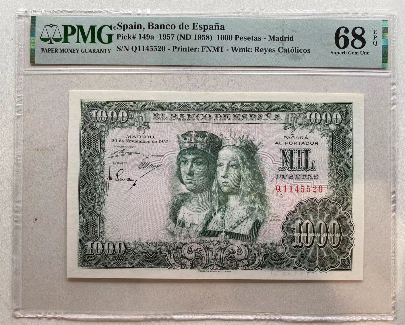【Blue Auction】✨世界纸币精拍第342期【精】 【520尾象征双王爱情 冠军分】西班牙 1957年1000比塞塔 非常精美 PMG68EPQ 超高分