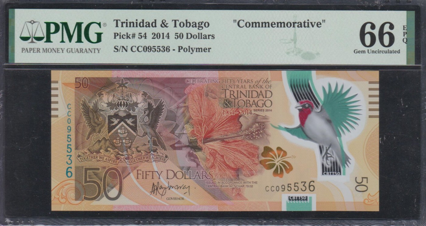 草稿银行第七期国内外钞票硬币拍卖 特立尼达和多巴哥2014年 50元塑料钞 特立尼达和多巴哥中央银行成立50周年纪念钞 CC双冠 号码全程无47 PMG66
