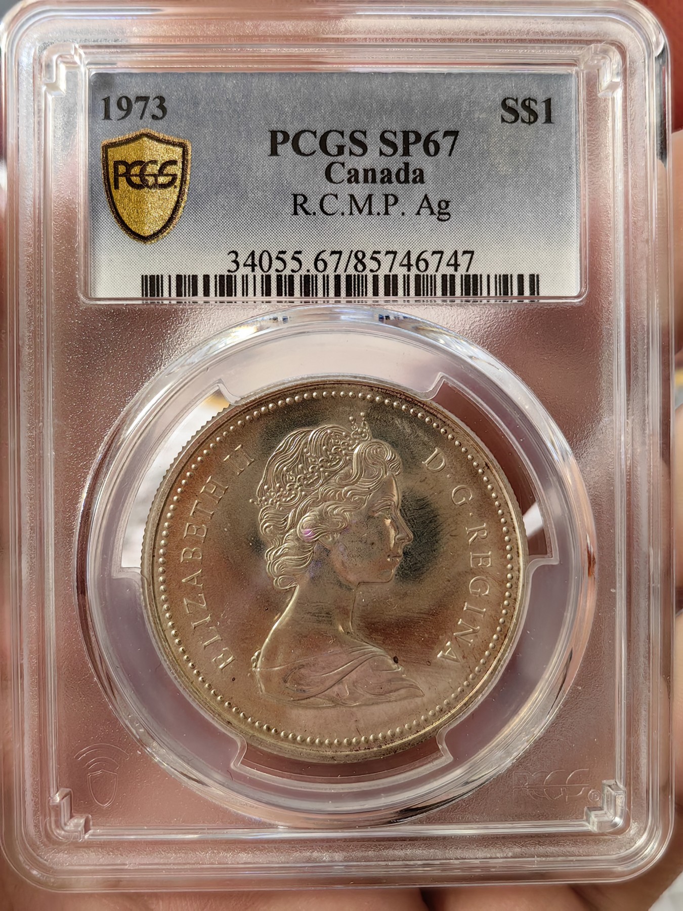 橡树集藏-006场 海纳百川 pcgs-sp67 1973年加拿大伊丽莎白银样币 骑警百年纪念银币 背面彩虹炫彩