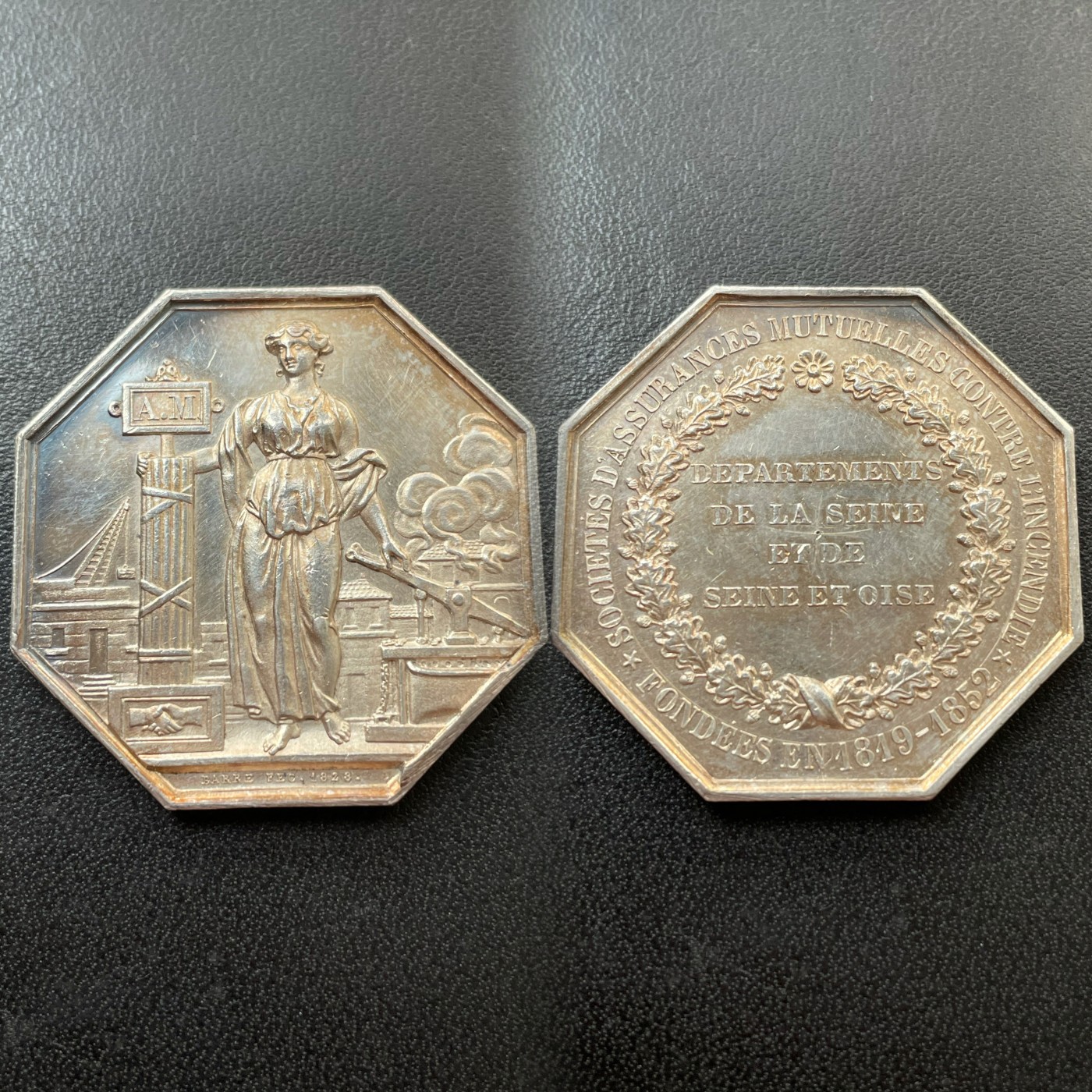 章牌专场-第26期 1852年法国塞纳河火灾互助保险银章 直径：37 mm ，21 g