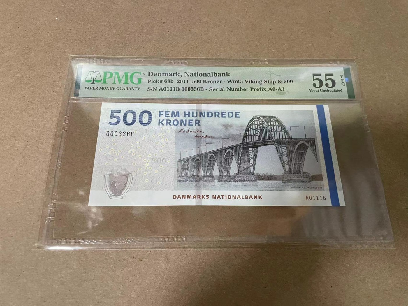 【Blue Auction】✨世界纸币精拍第342期【精】 【A0  336小号】丹麦 2011年500克朗 PMG55EPQ 