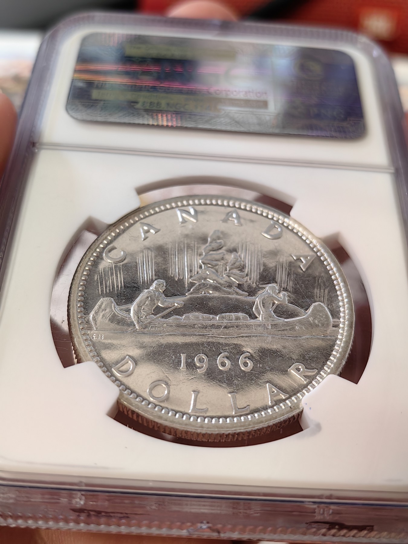 橡树集藏-006场 海纳百川 ngc-pl65 1966年加拿大划船1美元大银币 类精制工艺 光泽四溢 大圆珠版本 中年伊伊头像 端庄典雅