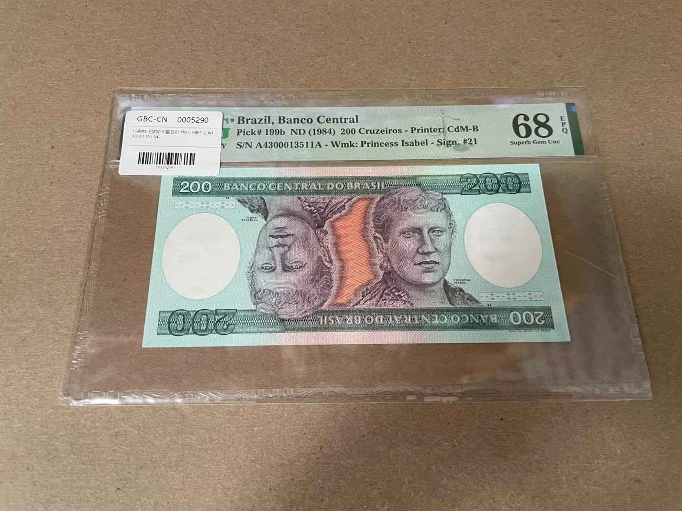【Blue Auction】✨世界纸币精拍第342期【精】 【AA冠无47】巴西 1984年200克鲁塞罗 PMG68EPQ 高分