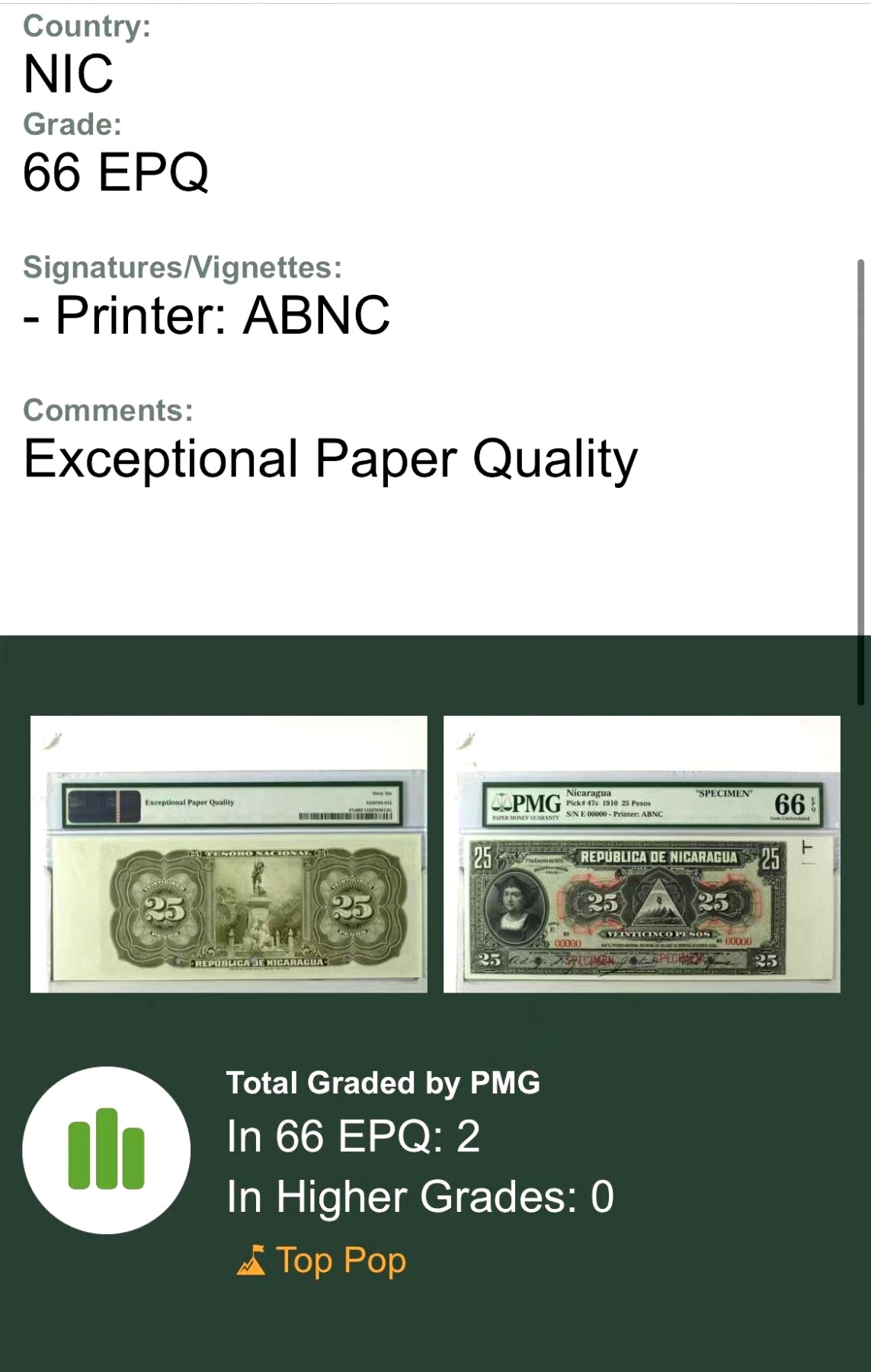 【Blue Auction】✨世界纸币精拍第342期【精】 【冠军分 仅2张 百年风云】尼加拉瓜 1910年25比索 PMG66EPQ 带原始白边超大票幅 正面航海家哥伦布 背面英雄士兵蒙托亚纪念碑 ABNC出品 实物雕刻非常细腻 非常少见 样钞 