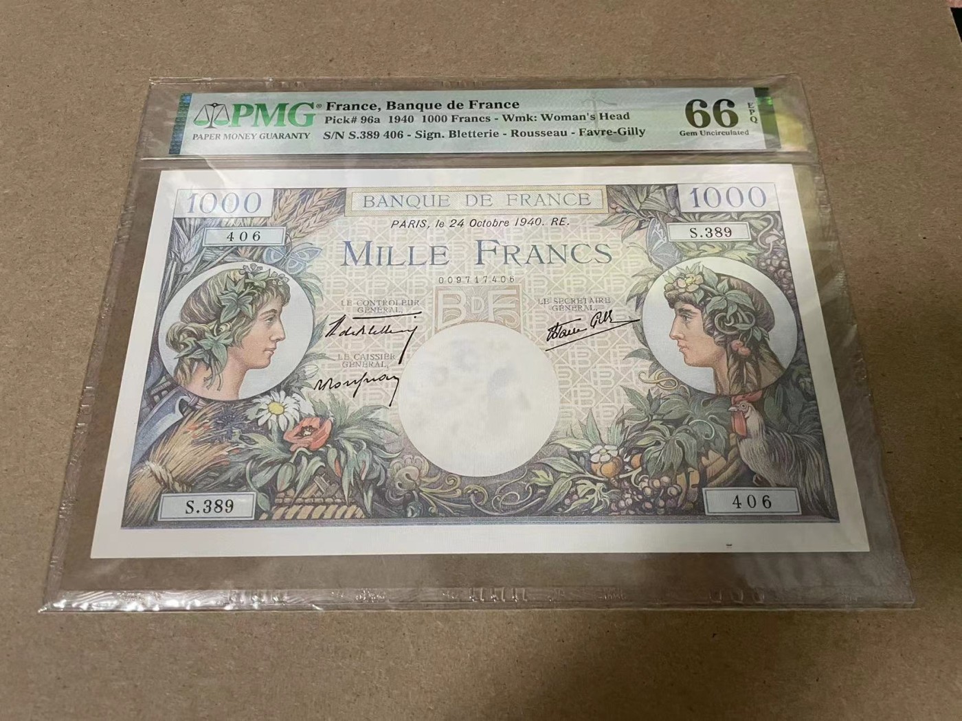 【Blue Auction】✨世界纸币精拍第342期【精】  【a版】法国 1940年1000法郎 PMG66EPQ 大票幅 精美 