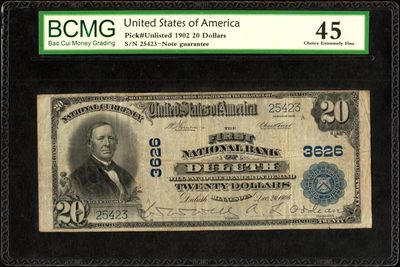 草稿银行第七期国内外钞票硬币拍卖 - 美国 1906年 第一国家银行 20美金国民券，稀少德卢斯地名（位于美国明尼苏达州东北部），上印休·麦卡洛克像（曾任美国财政部长) ，双手签，BCMG评级 45