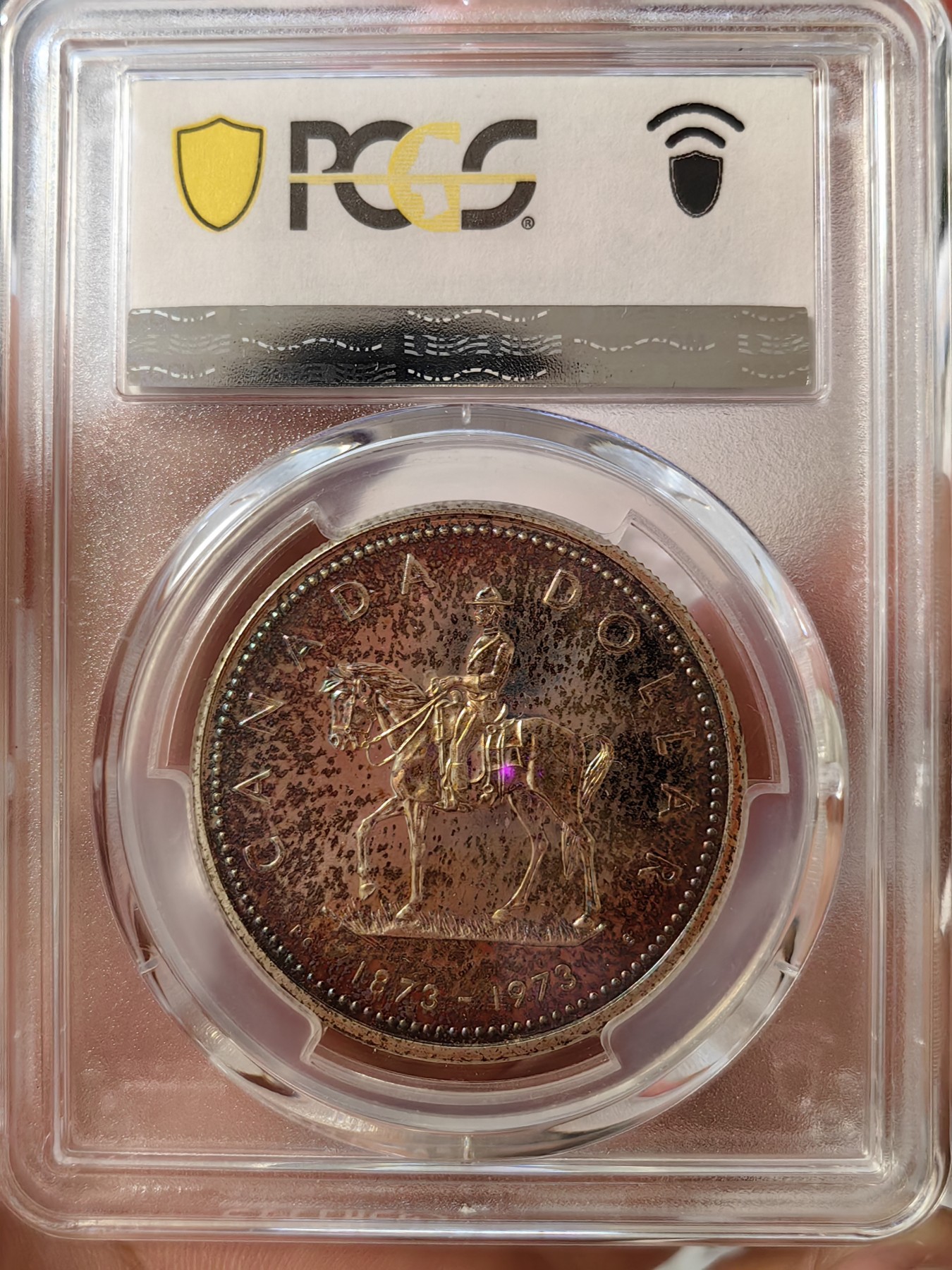 橡树集藏-006场 海纳百川 pcgs-sp67 1973年加拿大伊丽莎白银样币 骑警百年纪念银币 背面彩虹炫彩