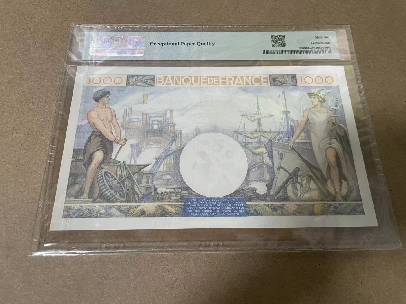 【Blue Auction】✨世界纸币精拍第342期【精】  【a版】法国 1940年1000法郎 PMG66EPQ 大票幅 精美 