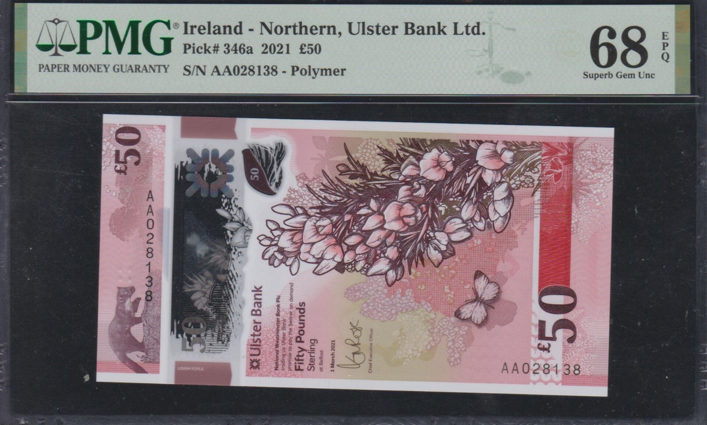 草稿银行第七期国内外钞票硬币拍卖 北爱尔兰 阿尔斯特银行 2021年50镑 AA首发冠 号码全程无3457 PMG 68 季军分 高分