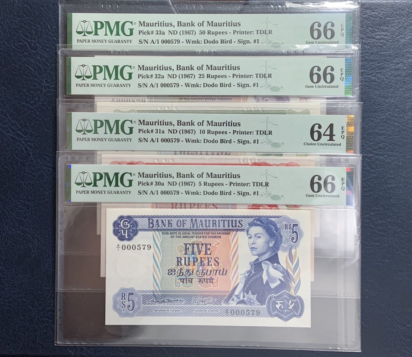 收藏联盟Quantum Auction 第272期拍卖 世界人口日专场 毛里求斯1967年5-50卢比首发全同百位号一套 PMG66 (10卢比为64e)