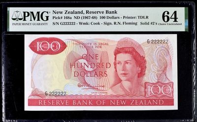 【Blue Auction】✨世界纸币精拍第342期【精】 - 【全同2 大珍收藏级】新西兰 1967-68年100元 最高值 高冠女王 PMG64 P168a 背面短翅水鸡，产于新西兰的不能飞行的珍稀鸟类，19世纪初期认为已灭绝，但1948年又于新西兰南岛的河谷中发现