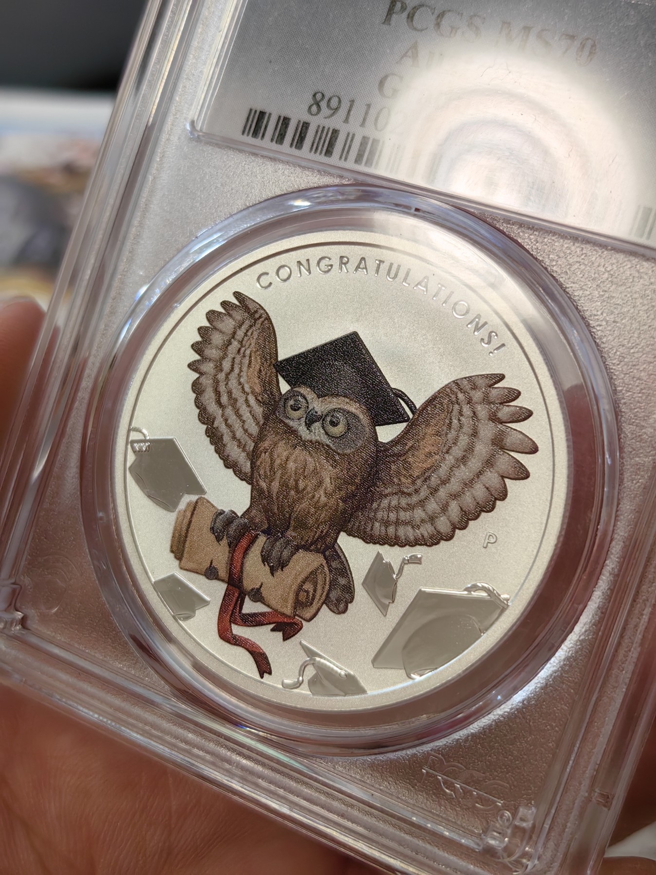 橡树集藏-006场 海纳百川 pcgs-ms70 2018年澳大利亚恭贺毕业1美元纪念大银币 完美品相 霍格沃兹的可爱猫头鹰 珀斯厂