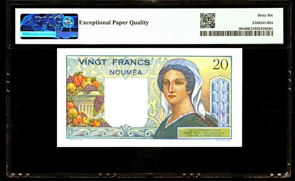 【Blue Auction】✨世界纸币精拍第342期【精】 【无47】新喀里多尼亚 1963年20法郎 加盖努美阿 PMG66EPQ 
