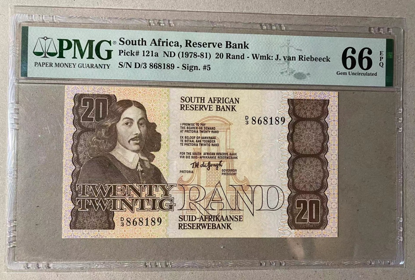 【Blue Auction】✨世界纸币精拍第342期【精】 【倒置号】南非 1978-81年20兰特 PMG66EPQ 