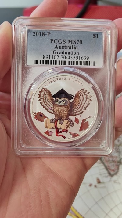 橡树集藏-006场 海纳百川 pcgs-ms70 2018年澳大利亚恭贺毕业1美元纪念大银币 完美品相 霍格沃兹的可爱猫头鹰 珀斯厂