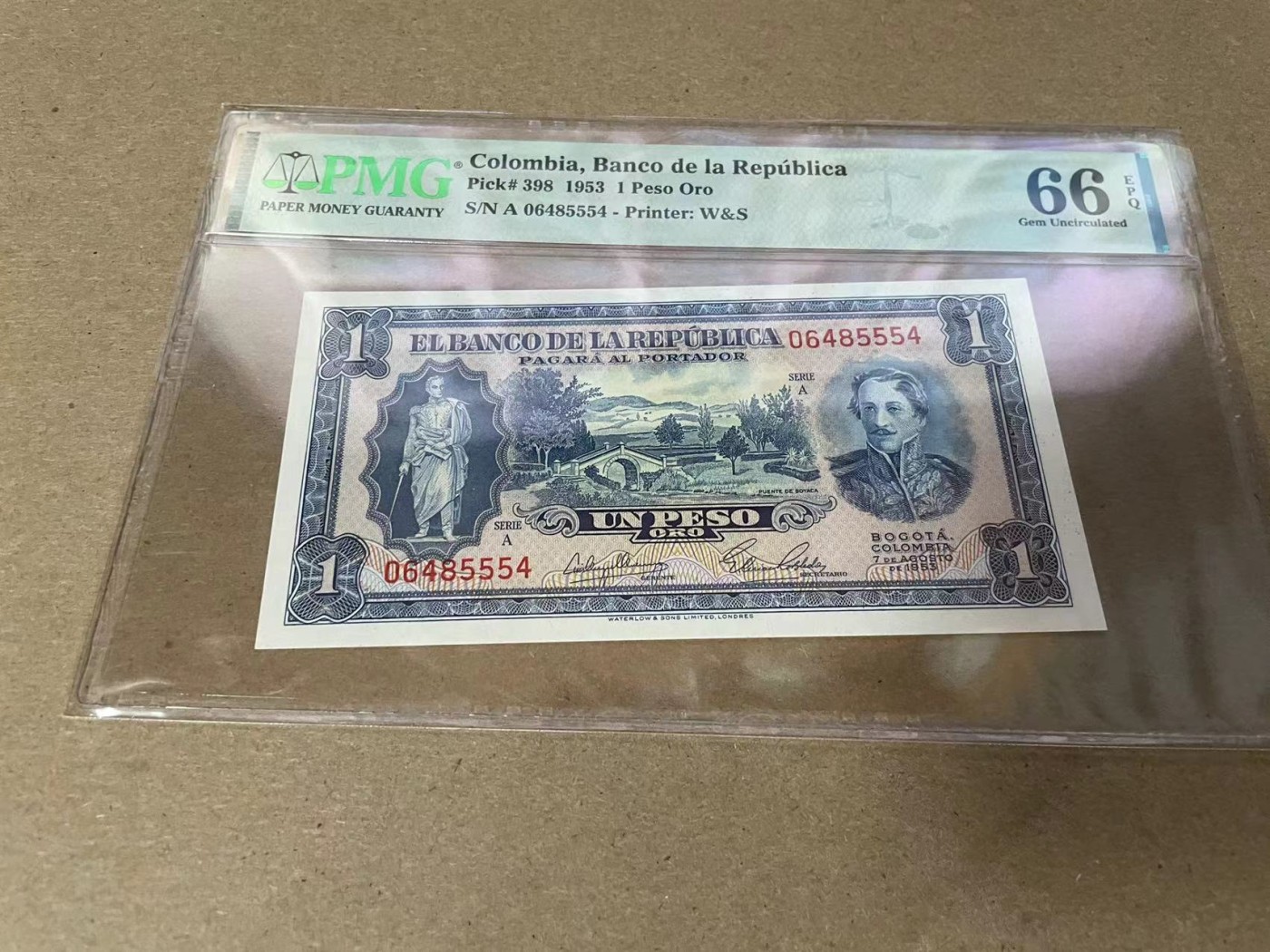 【Blue Auction】✨世界纸币精拍第342期【精】 哥伦比亚 1953年1比索 W&S出品 PMG66EPQ 