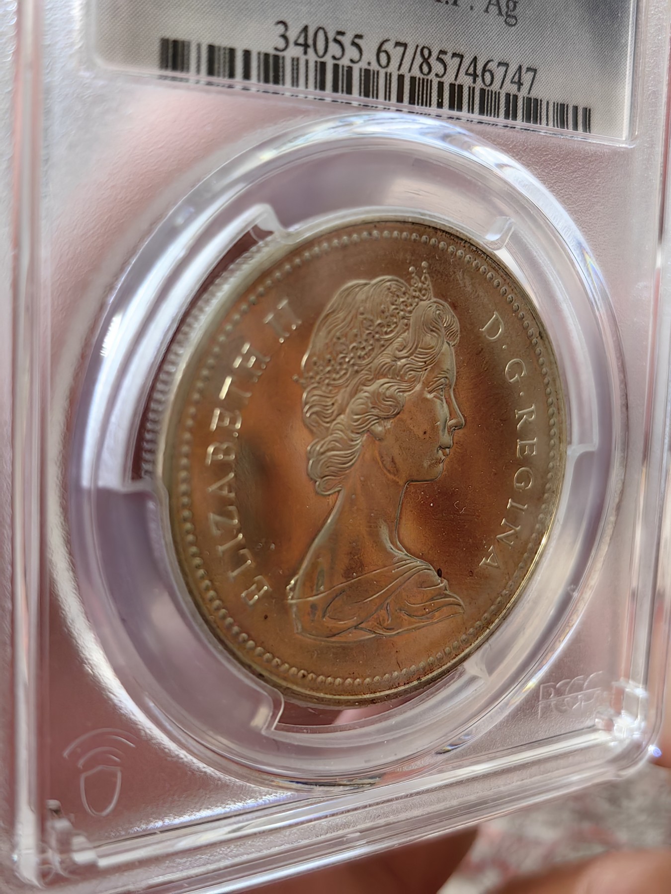 橡树集藏-006场 海纳百川 pcgs-sp67 1973年加拿大伊丽莎白银样币 骑警百年纪念银币 背面彩虹炫彩