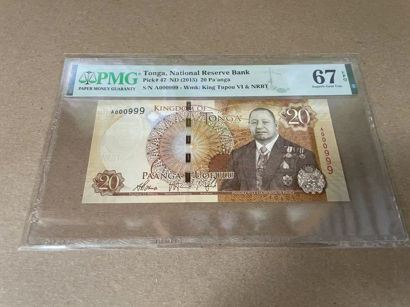 【Blue Auction】✨世界纸币精拍第342期【精】 【A冠999豹子号百位小号】汤加 2015年20潘加 PMG67EPQ 