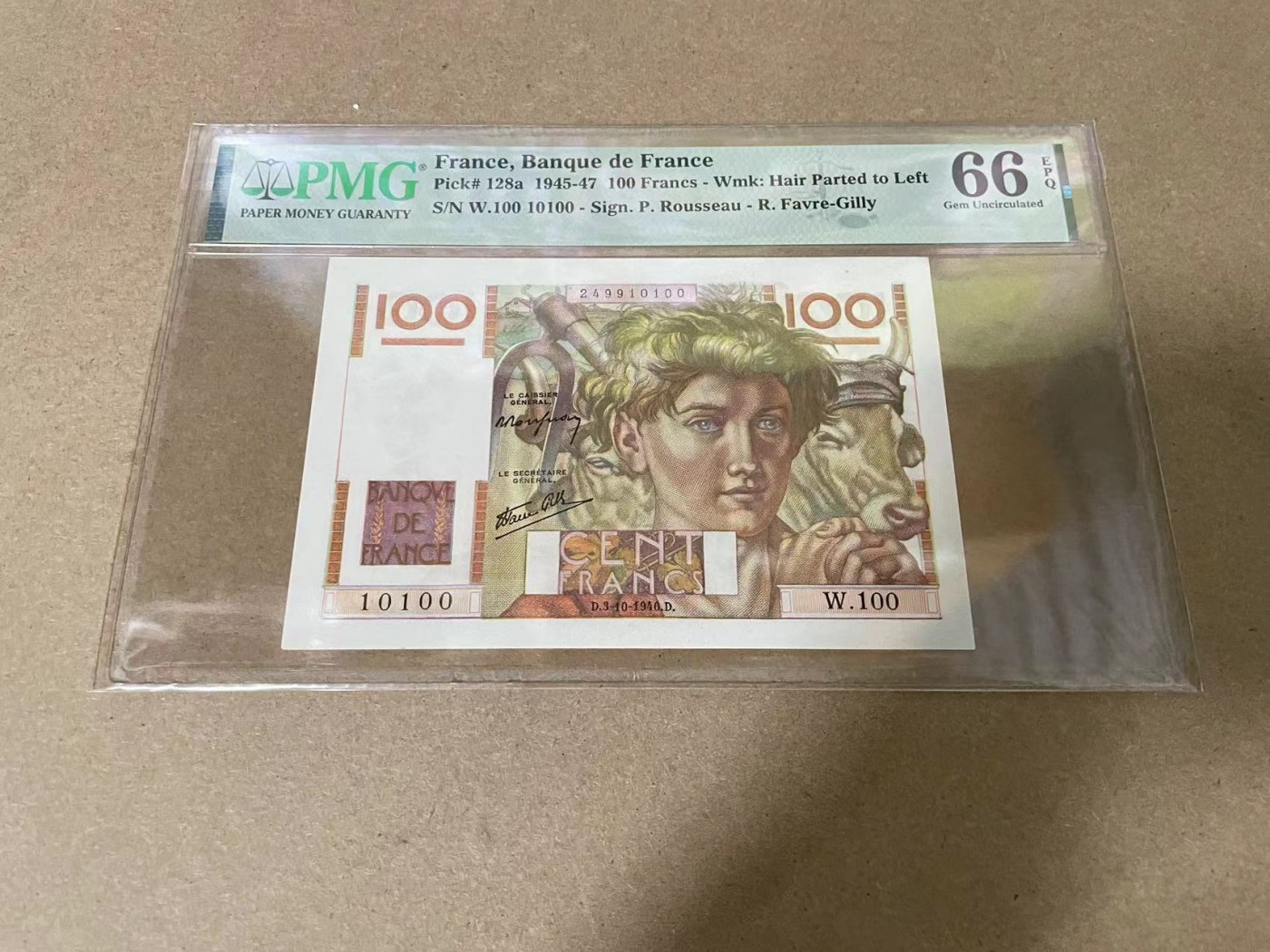 【Blue Auction】✨世界纸币精拍第342期【精】 【10100二进制号少见】法国 1945-47年100法郎 PMG66EPQ 