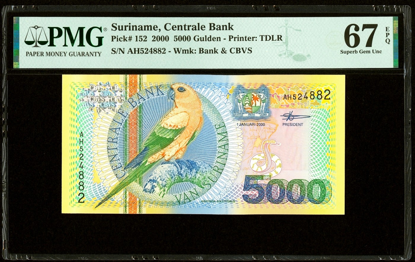【Blue Auction】✨世界纸币精拍第342期【精】 苏里南 2000年5000盾 PMG67EPQ 高分 花鸟版精美