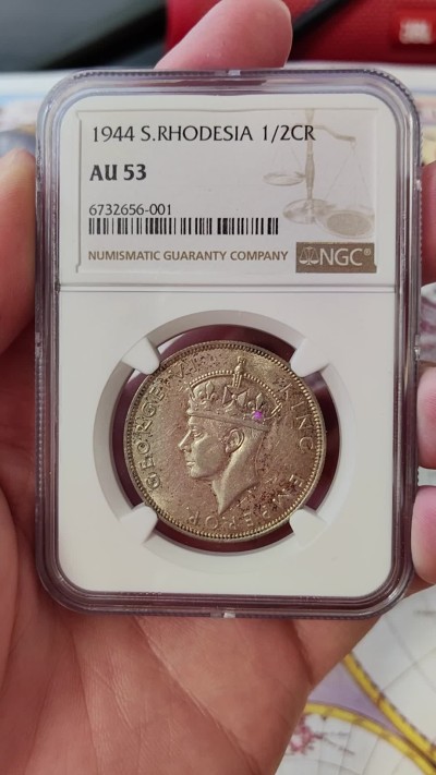 橡树集藏-006场 海纳百川 ngc-au53 1944年南罗德西亚半克朗银币 