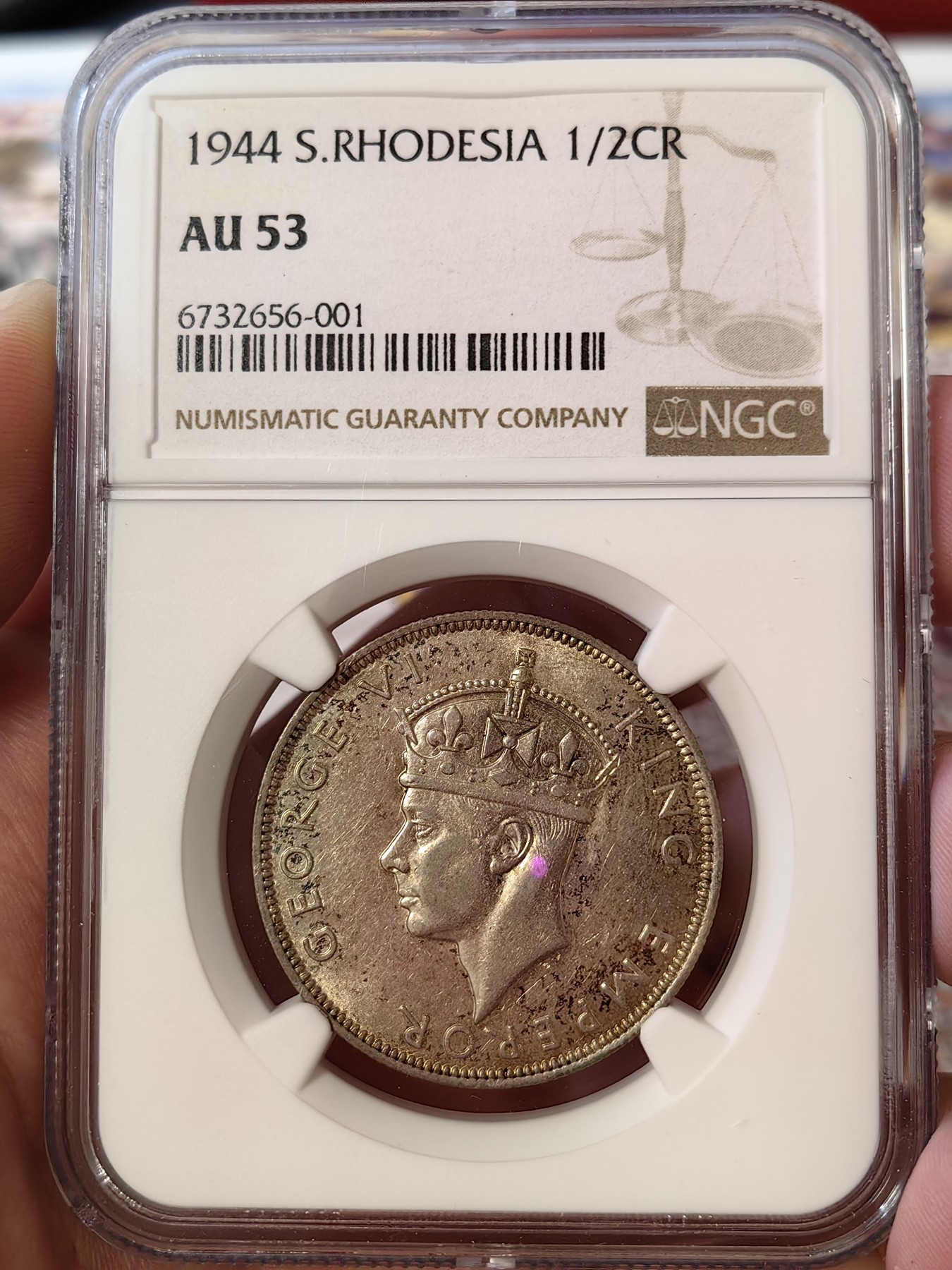 橡树集藏-006场 海纳百川 ngc-au53 1944年南罗德西亚半克朗银币 