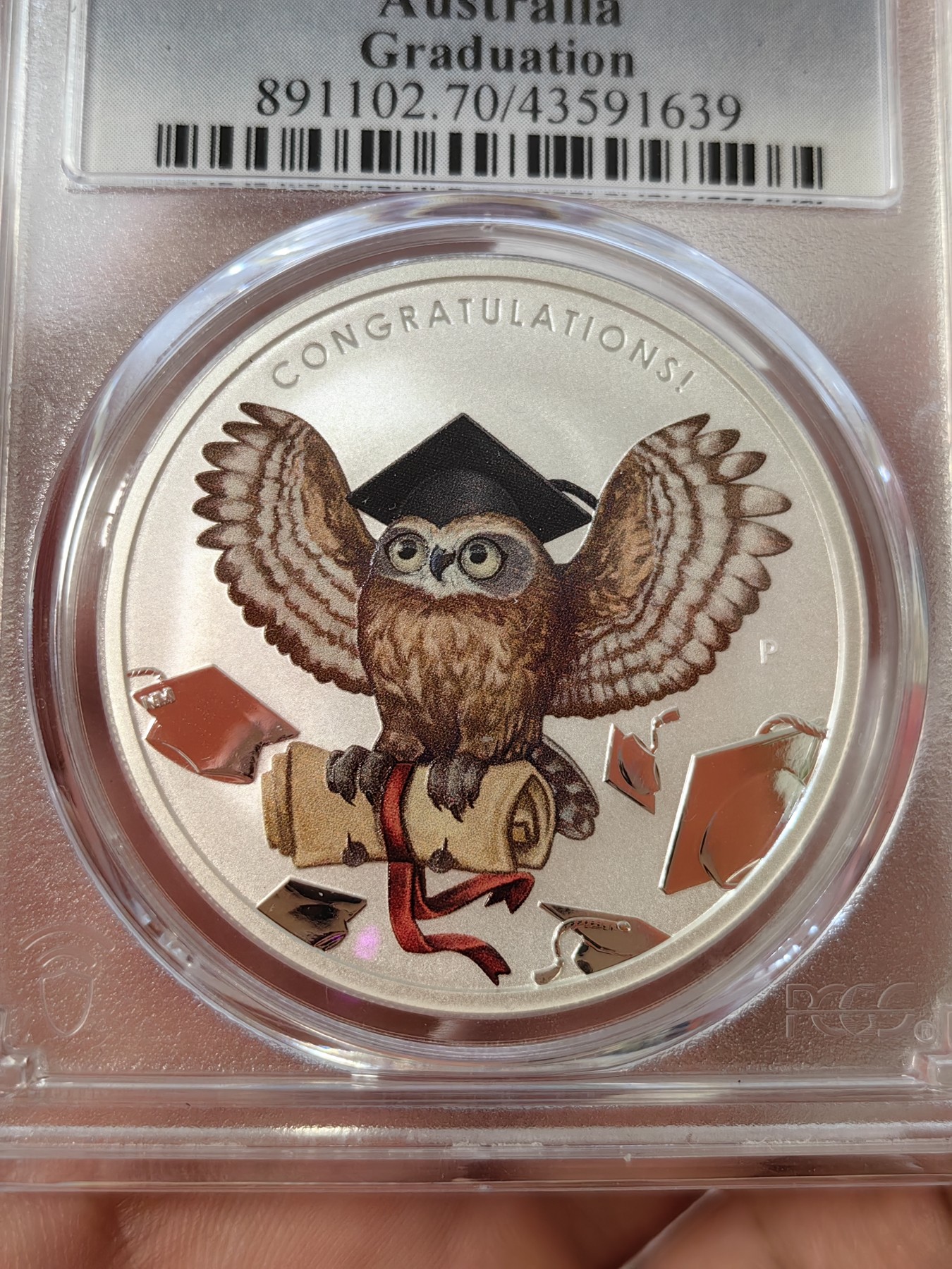 橡树集藏-006场 海纳百川 pcgs-ms70 2018年澳大利亚恭贺毕业1美元纪念大银币 完美品相 霍格沃兹的可爱猫头鹰 珀斯厂