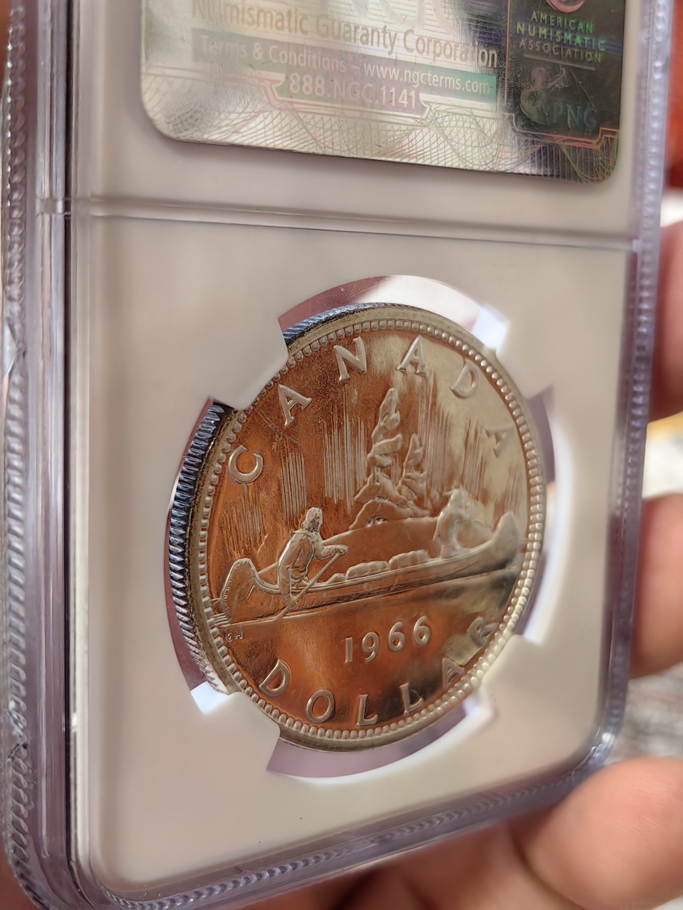 橡树集藏-006场 海纳百川 ngc-pl65 1966年加拿大划船1美元大银币 类精制工艺 光泽四溢 大圆珠版本 中年伊伊头像 端庄典雅