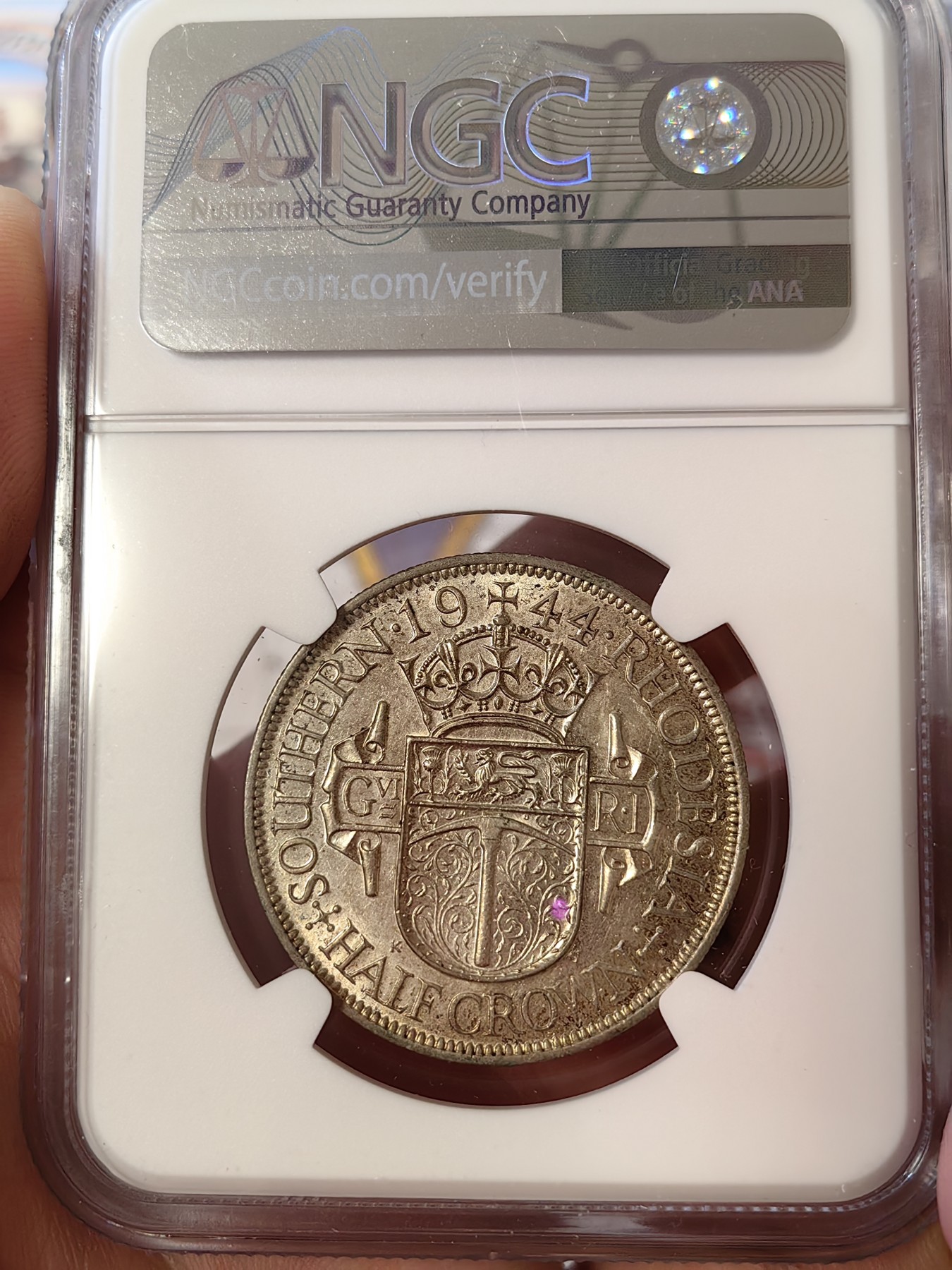 橡树集藏-006场 海纳百川 ngc-au53 1944年南罗德西亚半克朗银币 