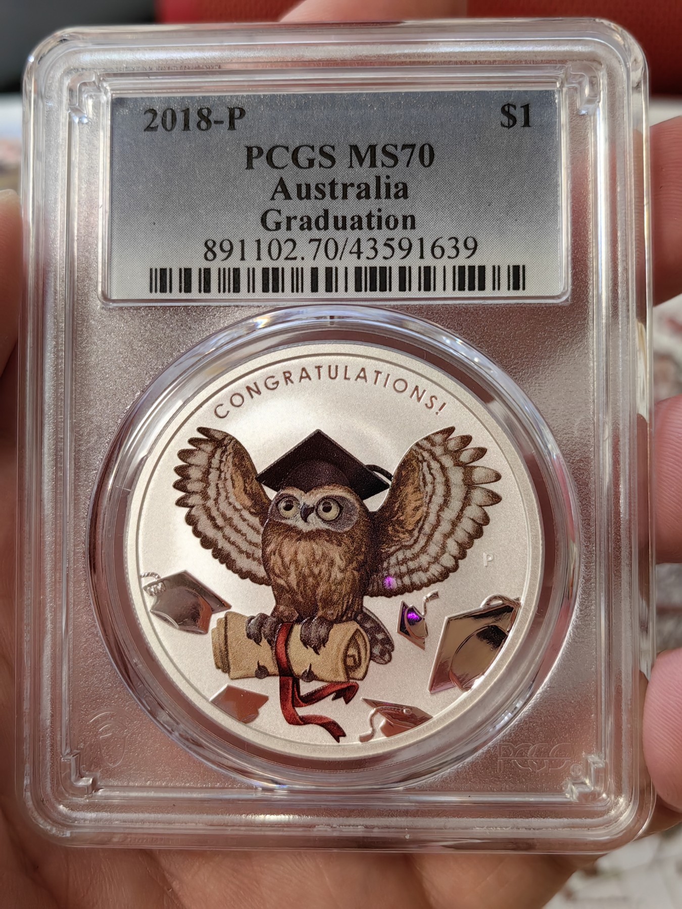 橡树集藏-006场 海纳百川 pcgs-ms70 2018年澳大利亚恭贺毕业1美元纪念大银币 完美品相 霍格沃兹的可爱猫头鹰 珀斯厂