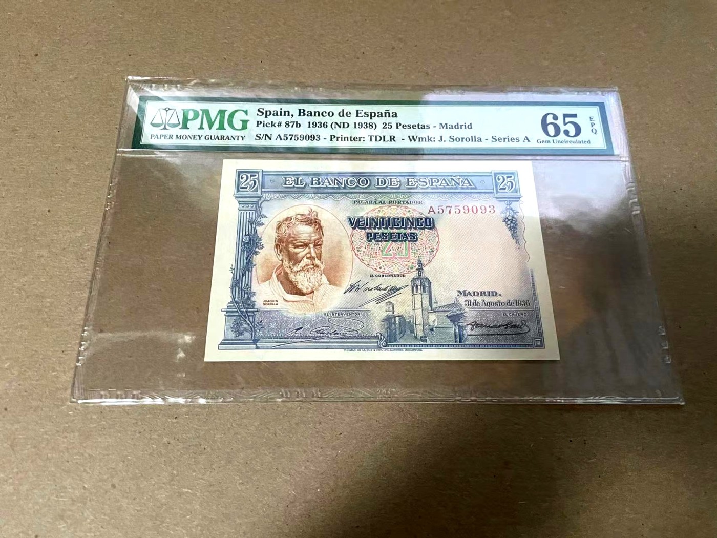 【Blue Auction】✨世界纸币精拍第342期【精】 西班牙 1936年25比塞塔 小华金 名画 PMG65EPQ 绝品