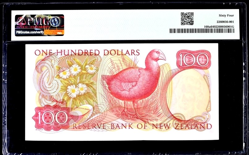 【Blue Auction】✨世界纸币精拍第342期【精】 【全同2 大珍收藏级】新西兰 1967-68年100元 最高值 高冠女王 PMG64 P168a 背面短翅水鸡，产于新西兰的不能飞行的珍稀鸟类，19世纪初期认为已灭绝，但1948年又于新西兰南岛的河谷中发现