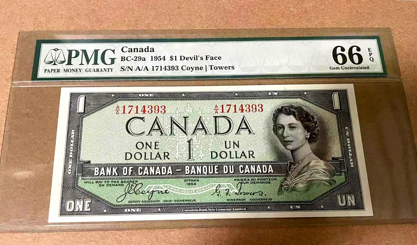 【Blue Auction】✨世界纸币精拍第342期【精】 【A/A冠首发魔鬼脸】加拿大 1954年1元 PMG66EPQ 女王 背面风景雕刻细腻