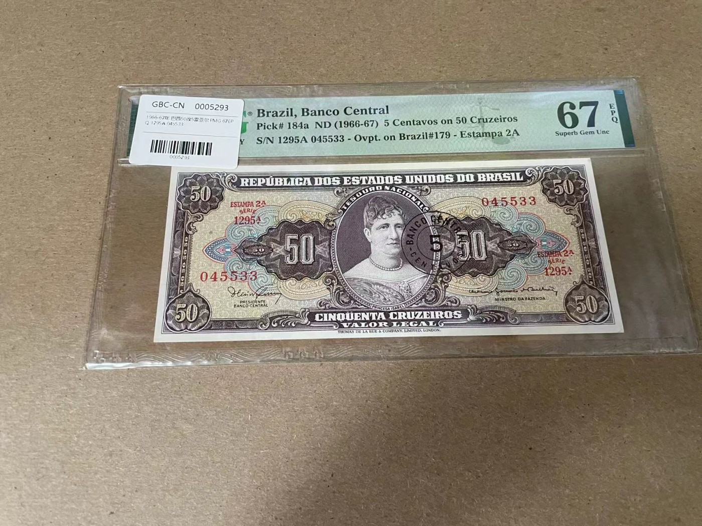 【Blue Auction】✨世界纸币精拍第342期【精】 巴西 1966-67年5克鲁塞罗加盖 PMG67EPQ