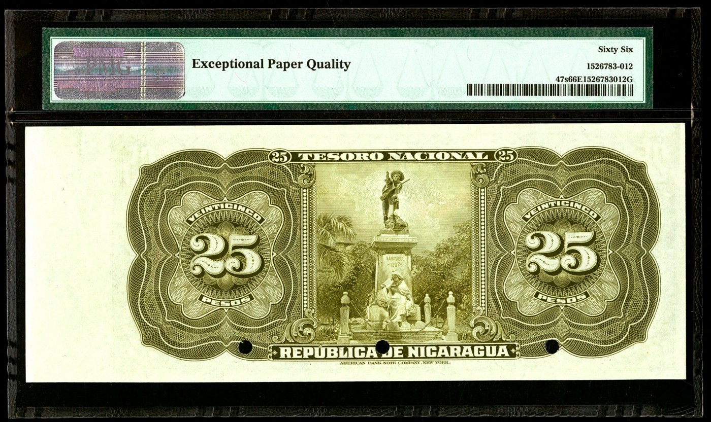 【Blue Auction】✨世界纸币精拍第342期【精】 【冠军分 仅2张 百年风云】尼加拉瓜 1910年25比索 PMG66EPQ 带原始白边超大票幅 正面航海家哥伦布 背面英雄士兵蒙托亚纪念碑 ABNC出品 实物雕刻非常细腻 非常少见 样钞 