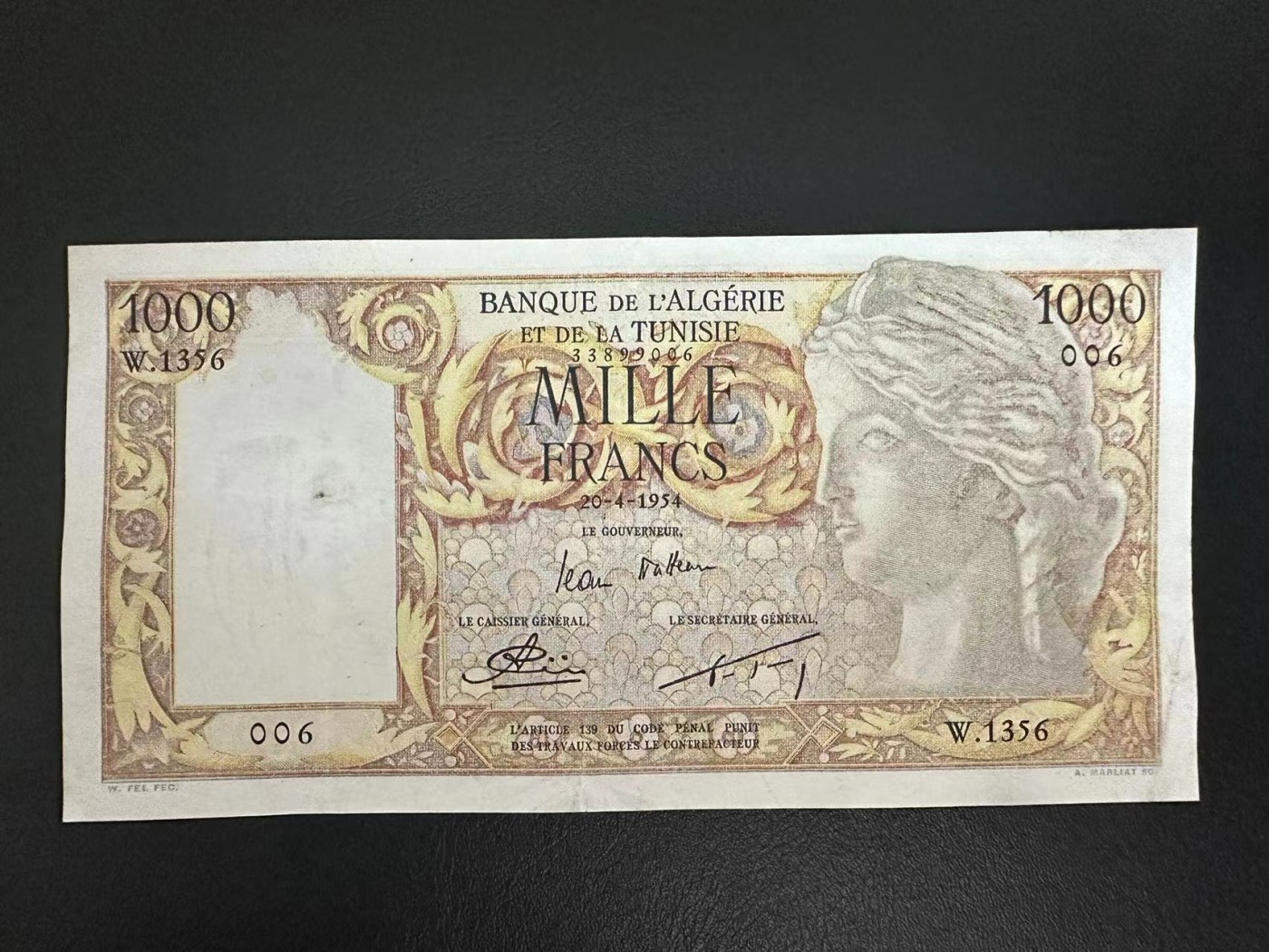 【Blue Auction】✨世界纸币精拍第342期【精】 【6号小号】阿尔及利亚 1954年1000法郎 XF-AU 有针孔 40分拍了348美金 